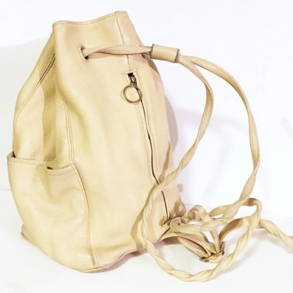 Genuine leather cream color handmade backpack sling bag drawstring vintage